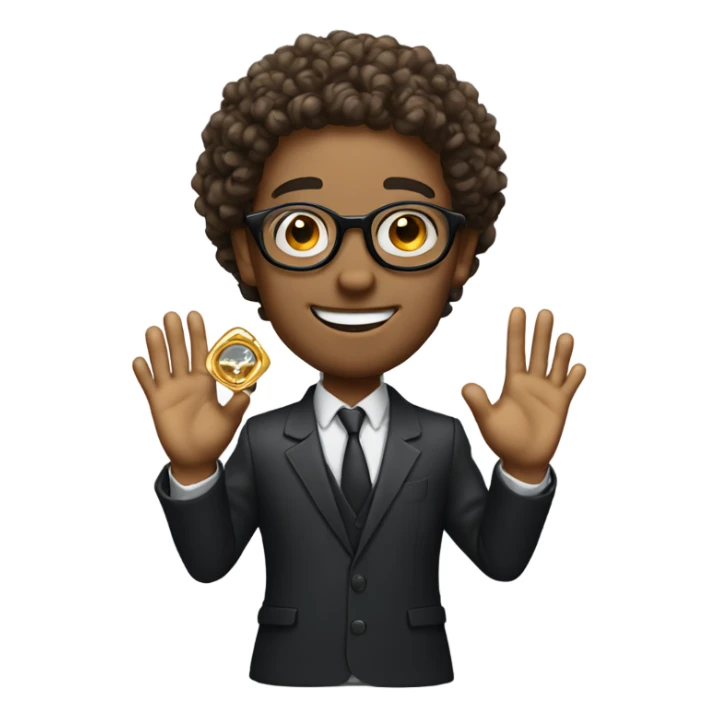 Man with curly hair and round glasses proposing with a gold diamond ring sticker