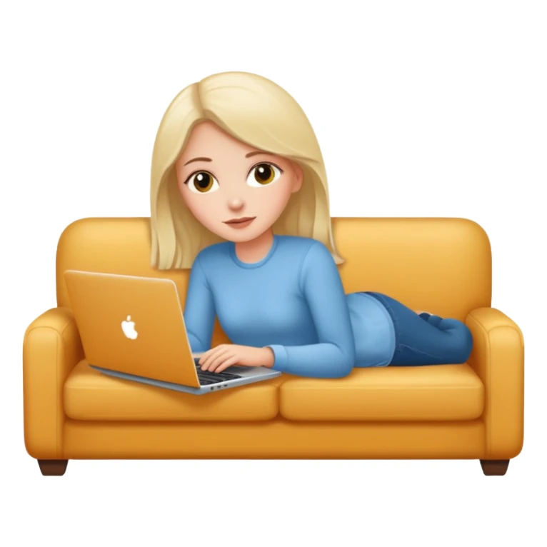A white girl is lying on a sofa with a laptop sticker