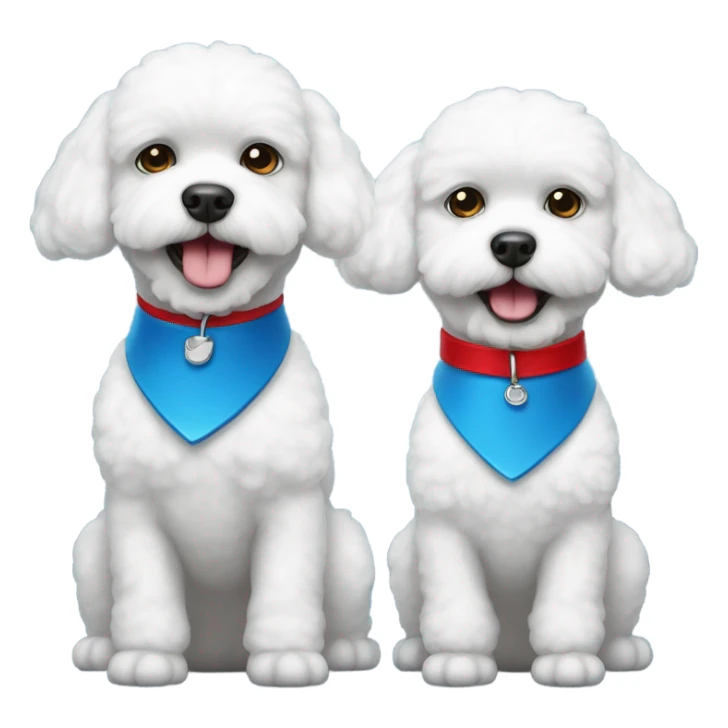 Two bichons, one with a red collar and the other with a blue collar sticker