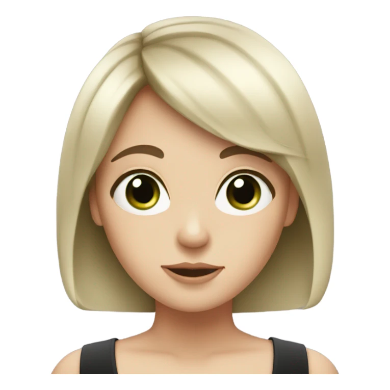 A very white girl has black and short hair. Also she has bangs, she has green eyes sticker