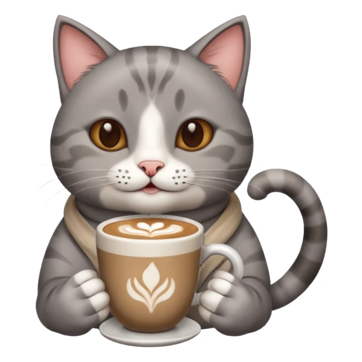 Happy gray Cat holding in its front two paws an hot latte sticker
