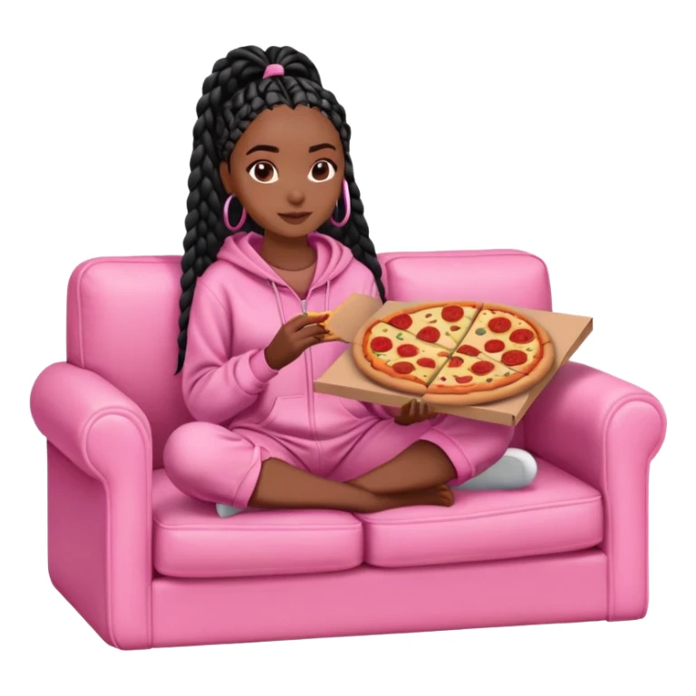 A dark-brown-skinned Black woman with black box braids, sitting on a pink couch, holding an open pizza box.She’s wearing comfy loungewear, looking relaxed and enjoying her food. sticker
