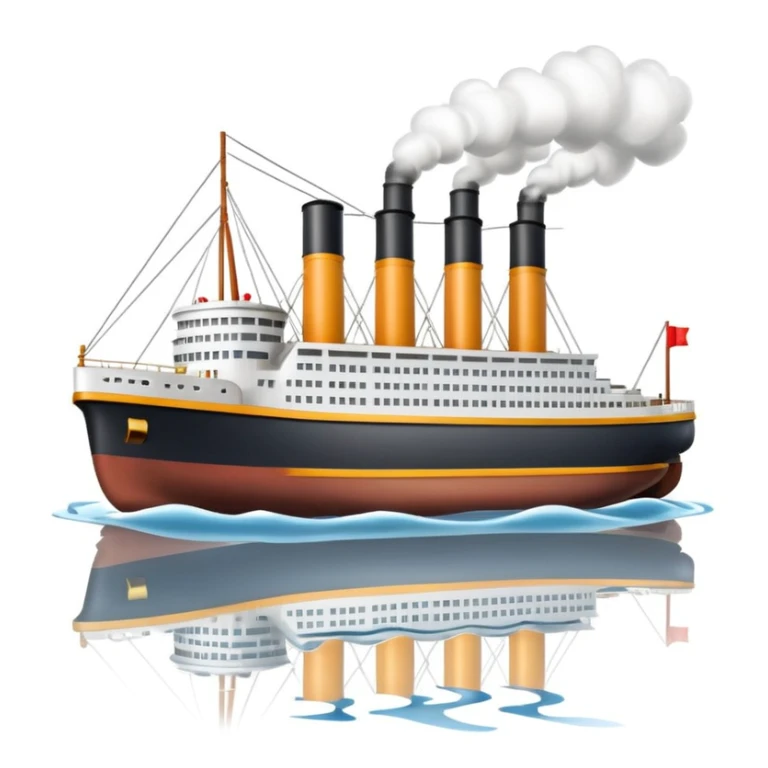 small 3D Titanic ship emoji in Apple style, glossy and bright, with simplified windows and smokestacks, floating on calm ocean, no faces, soft shadows, high-quality render, isolated on white sticker