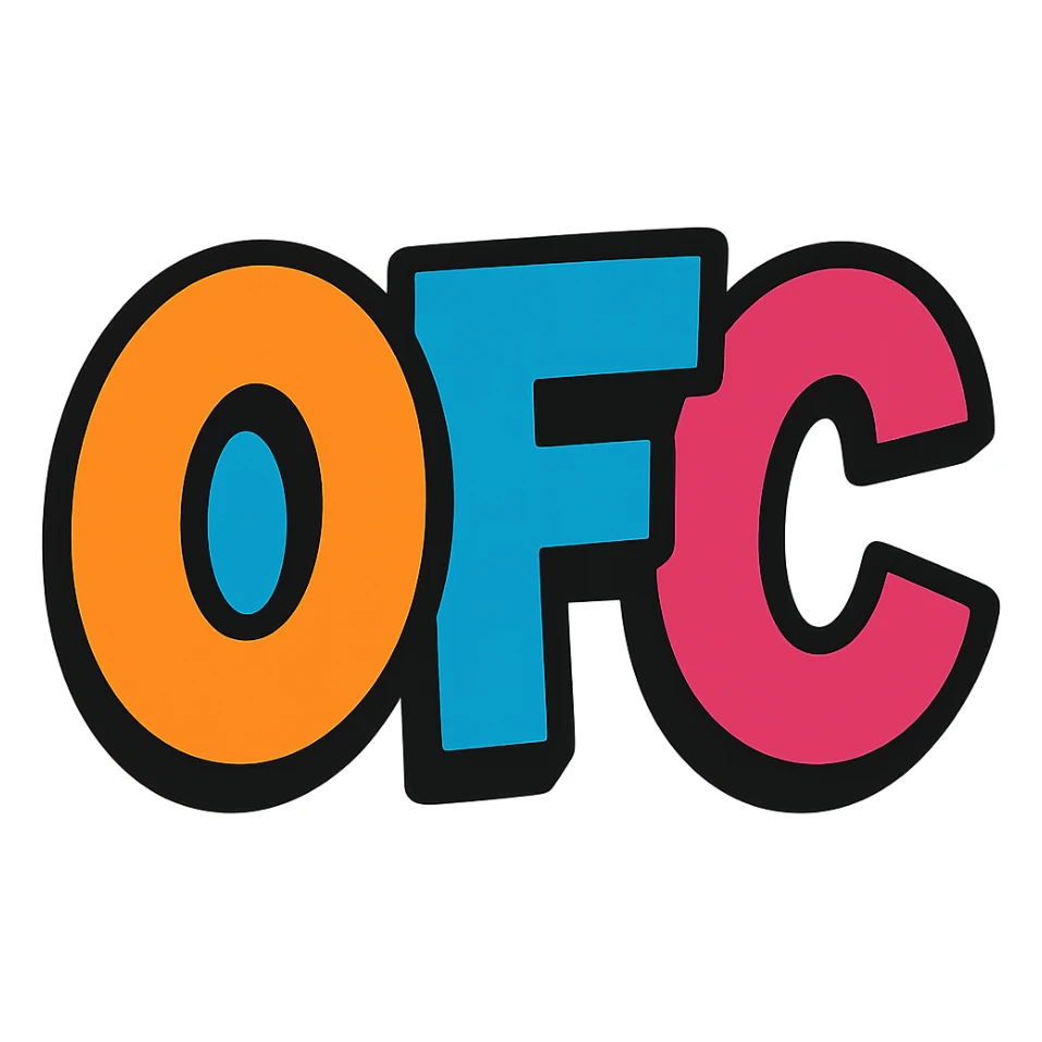 OFC letters, cartoon style with bright colors, logo style sticker