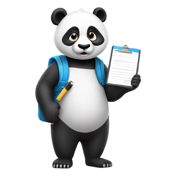 Panda wearing a visor with a whistle around its neck and holding a clipboard sticker