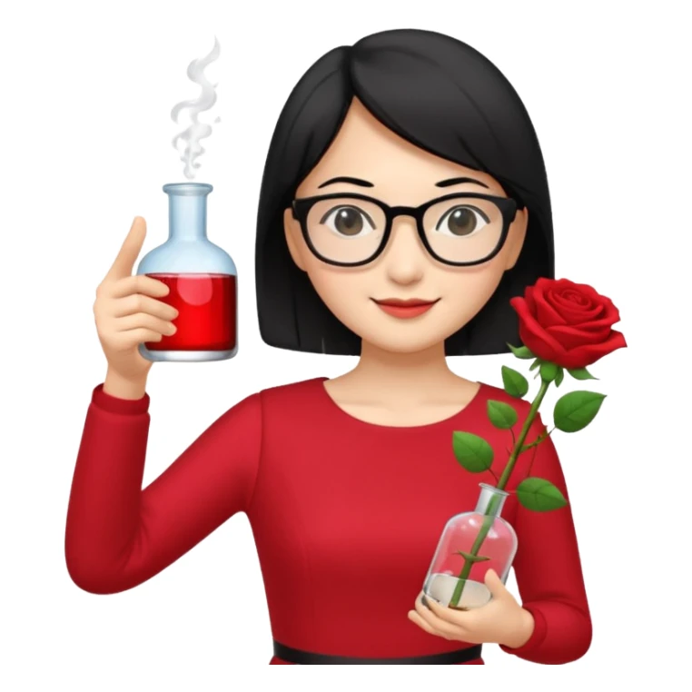 female asian chemistry teacher wearing glasses holdin a flask pointing right with straight short hair to her shoulders wearing a red dress with roses on it and black hair and make the glasses more retangle and make her hold a flash with one hand and with the other point right and make her smile sticker