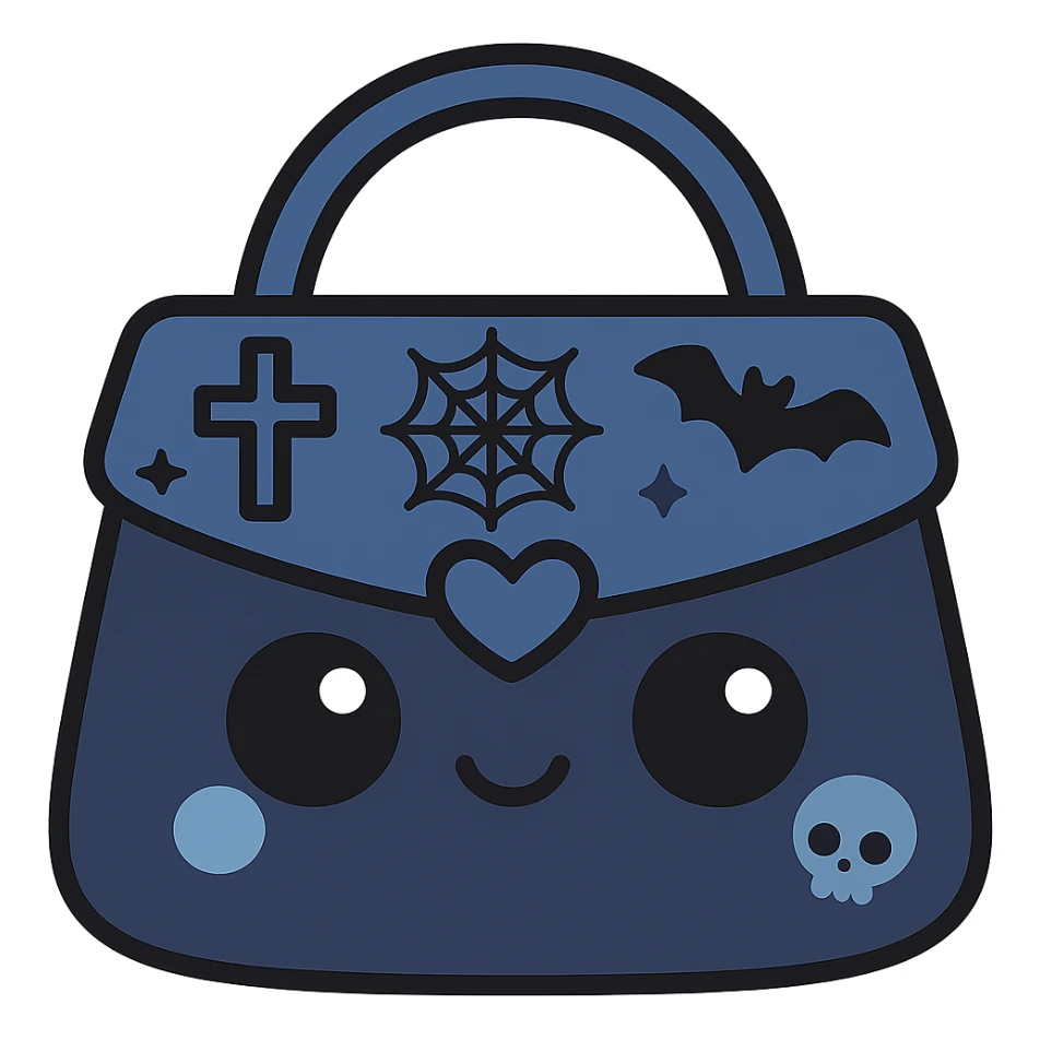 Change the color scheme to blue and black. Create a gothic kawaii purse with big eyes, smiling, cartoonish and playful style. Include gothic details like crosses, spiderwebs, bats, and skulls. Remove the background. sticker