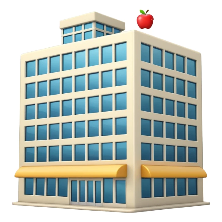 3D emoji-style icon of a modern office building with visible workers inside, Apple iOS style, soft lighting, glossy finish, white background sticker
