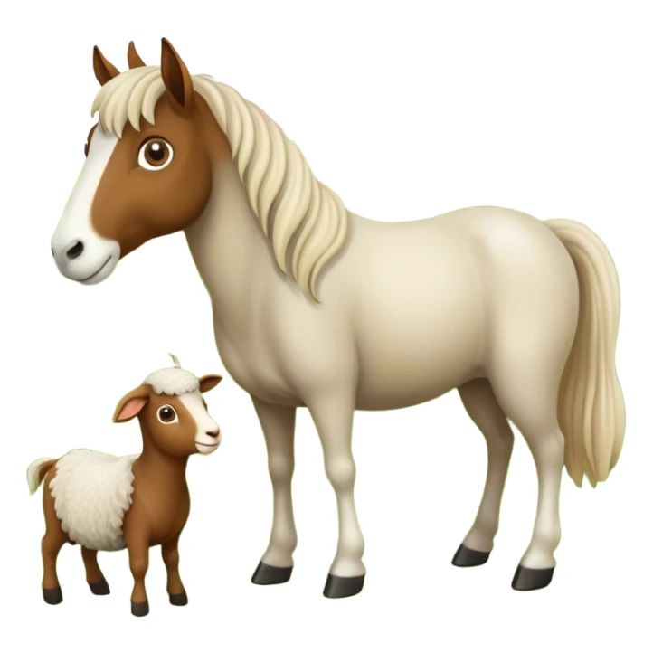 Icon for Domestic Hooved Animals: A gentle collage featuring a horse with a flowing mane, a brown goat with large, curious eyes, a calm sheep with soft wool. Background with a green pasture and a few hay bales. Transparent background. sticker