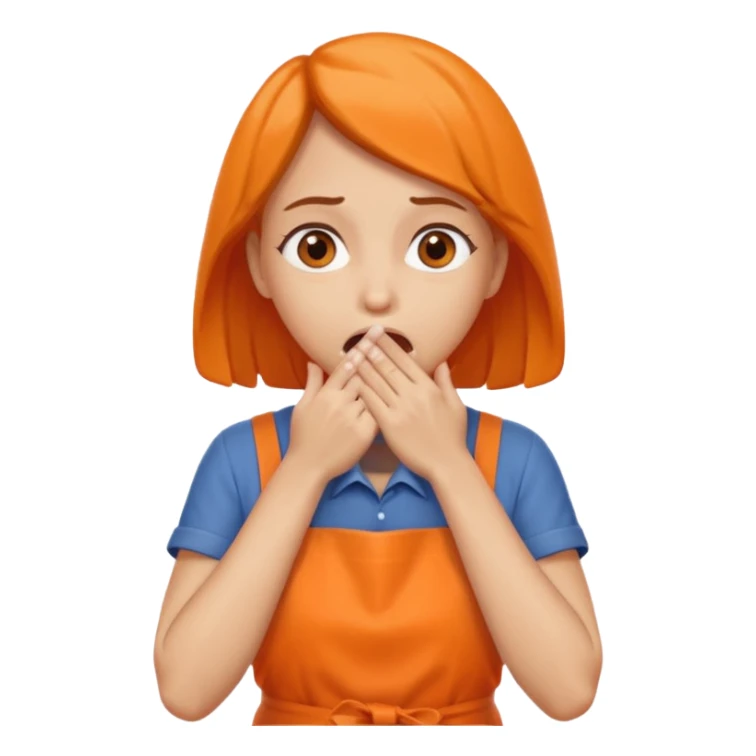 scared woman with her hands on her mouth, different details, more details, sideways pose, orange apron sticker