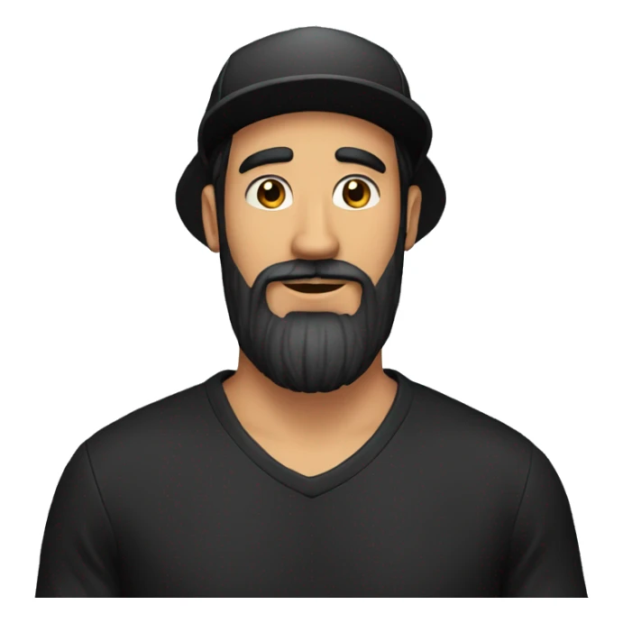 latin man with long beard wearing black cap that says BEARDED VILLAIN sticker