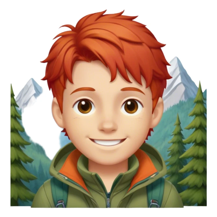 smiled boy's mountain clothes whit red hair sticker