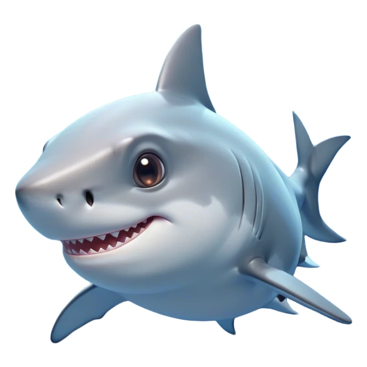 Cinematic Cute Shark Portrait Emoji, Head tilted playfully and inquisitively, featuring a glossy, streamlined body with a subtle shimmering hue and round, sparkling eyes filled with curious charm, Simplified yet irresistibly adorable features, highly detailed, glowing with a warm, friendly glow, high shine, affectionate and sleek, stylized with a touch of marine whimsy, bright and endearing, soft glowing outline, capturing the essence of a mischievous yet loving shark, so playful it feels like it could swim out of the screen into your arms! sticker