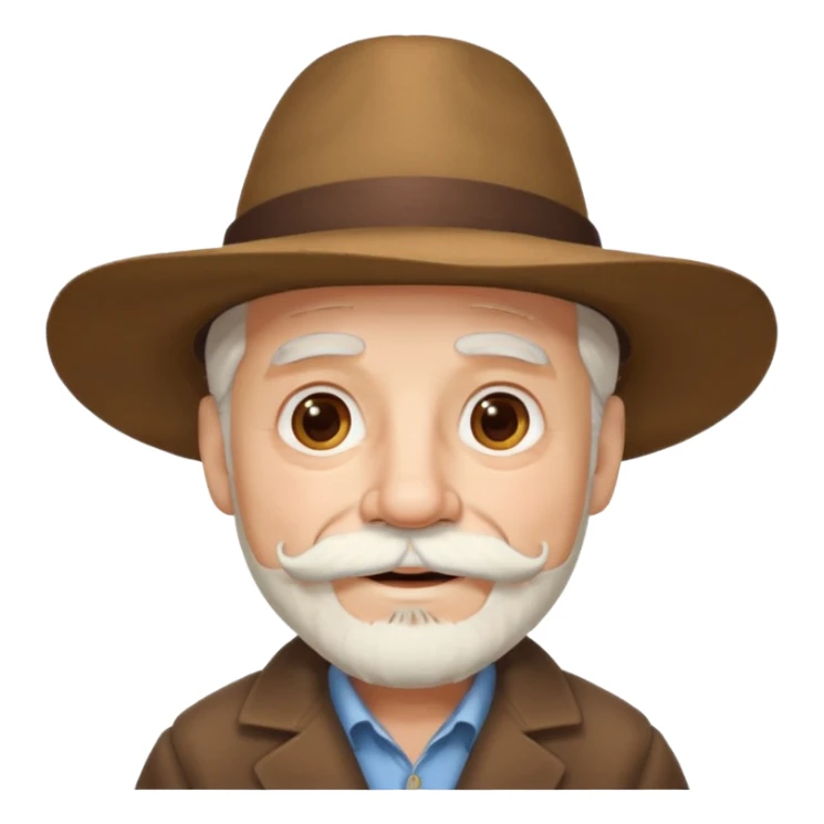 old man light skin, white hair, and a matching white mustache and beard, wearing a wide-brimmed brown hat and has large brown eyes with a cheerful expression sticker