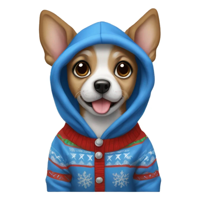 small dog wearing blue christmas hoodie  sticker
