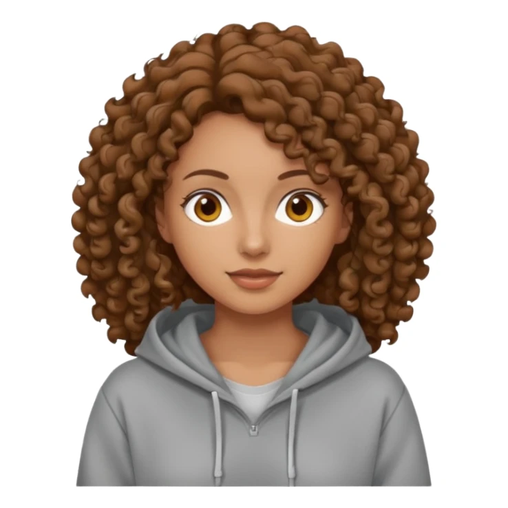 Woman, curly brown hair, hoodie, sticker