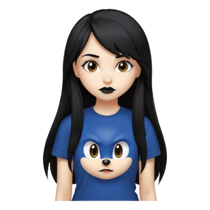make a goth attractive girl with straight long black hair, side bangs, with brown eyes and wearing sonic clothes  sticker