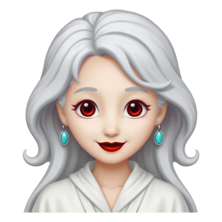 vull un perosnatge estil bimoji que sigui com una nimfa bella i fantasmal amb túniques blanques. Té la pell literalments blanca com el guix, cabell platejat, un nas llarg, ulls negres grans i llavis carmesí. que estigui somrient sticker