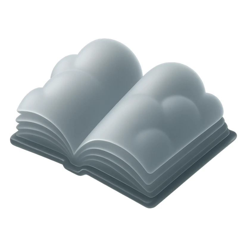open book with pages that look like convex white clouds, matte glass style sticker