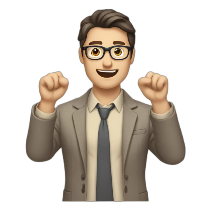 To belt Actively gesturing with hands Okay Pale skinned fit man with dark brown hair in gray jacket, beige office shirt, brown tie, brown pants and vintage glasses. sticker