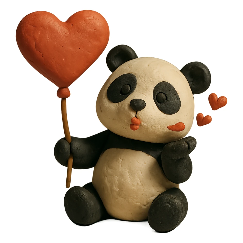 panda with heart-shaped balloon blowing kisses, claymation style sticker