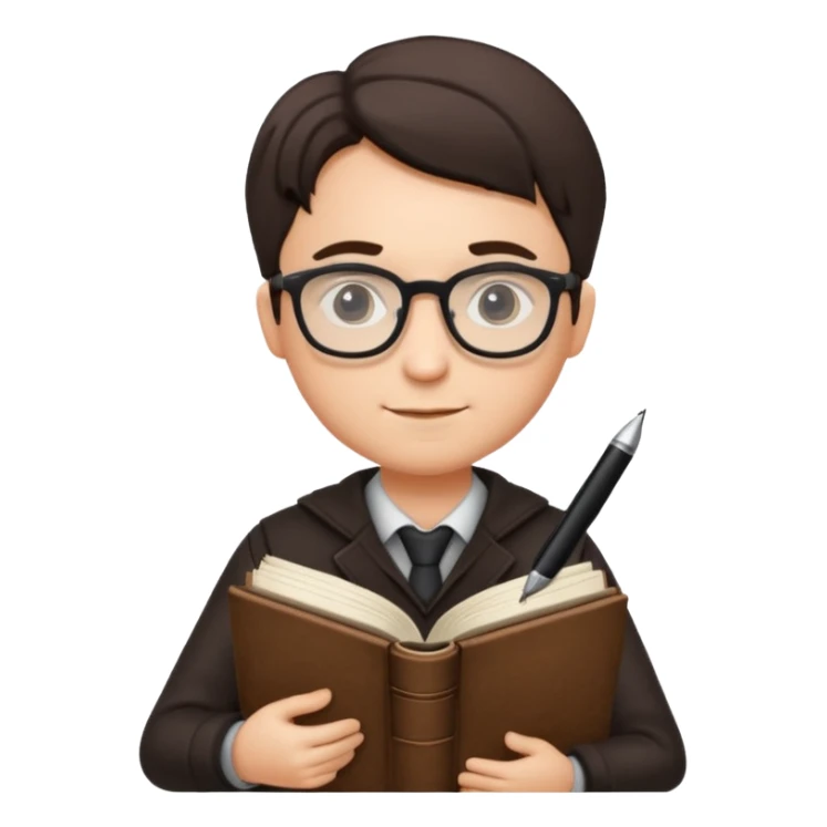 writer holding big pen and book, wearing glasses , zoom out sticker