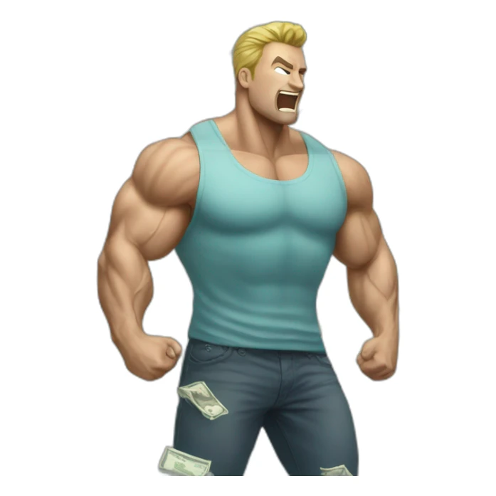 Muscle man raining tons of dollar bills  sticker