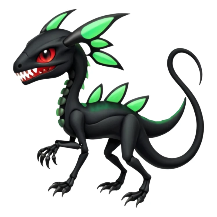Obsidian-black and neon-glowing-green skeletal Meloetta-Salandit-Gorebyss-Salazzle-Pokémon-Fakémon-creature-fusion-hybrid with glowing crimson-red evil slit eyes sticker