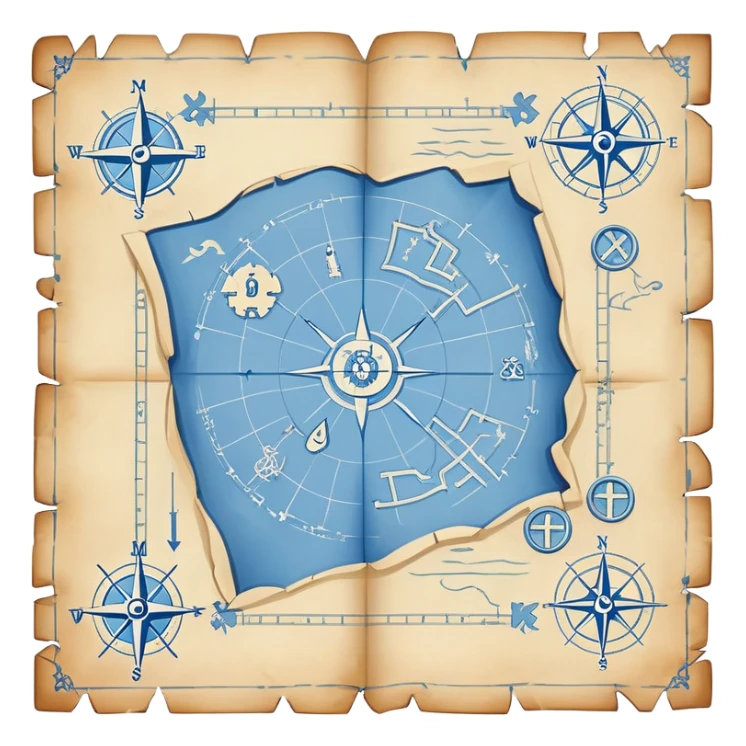 blue blueprint plan with white treasure map symbols and a path sticker