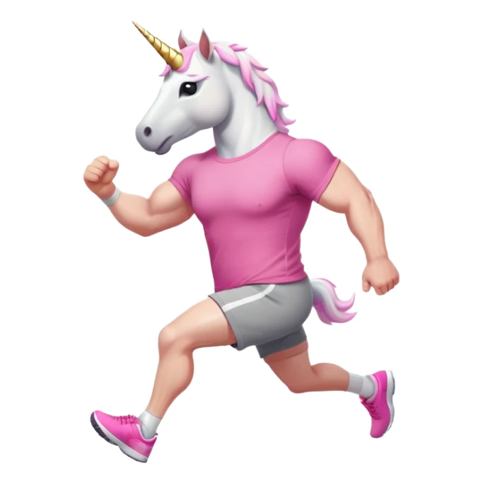 friendly anthropomorphised male white unicorn with a fit, chunky, muscular and strong physique, arms and legs matching the white of the head, in grey shorts and pink t-shirt, wearing dark sunglasses, jogging upright in a standard pose sticker