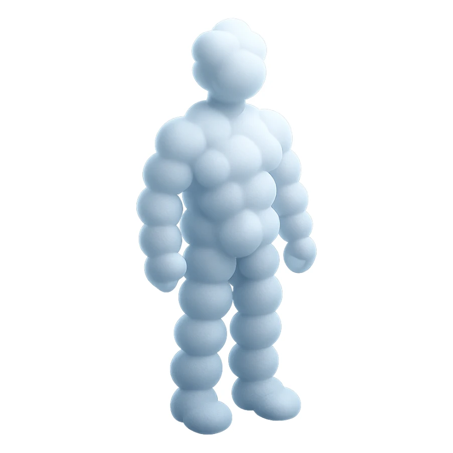 a person standing straight, made entirely of white fluffy convex clouds, shoulder height sticker