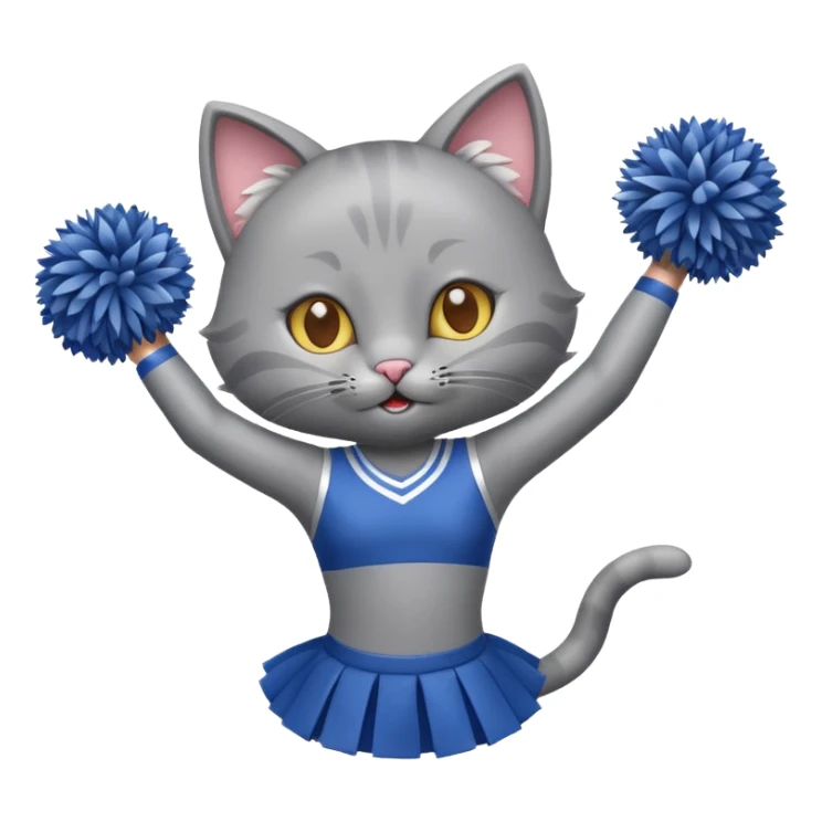A sleek grey cat cheerleader twirling pom-poms with confident energy. sticker