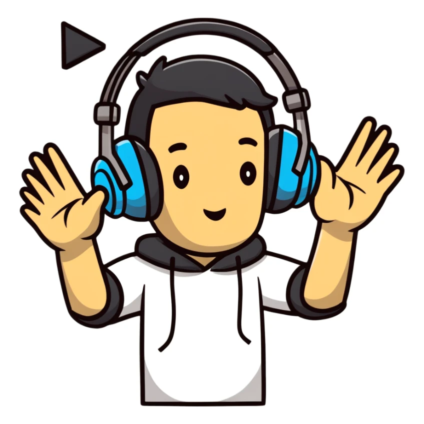 person in headphones showing a refusal sign sticker