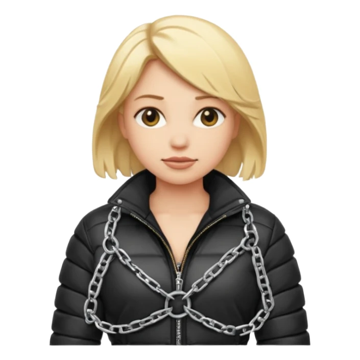 blond female emoji wearing a black down jacket, under bondage sticker