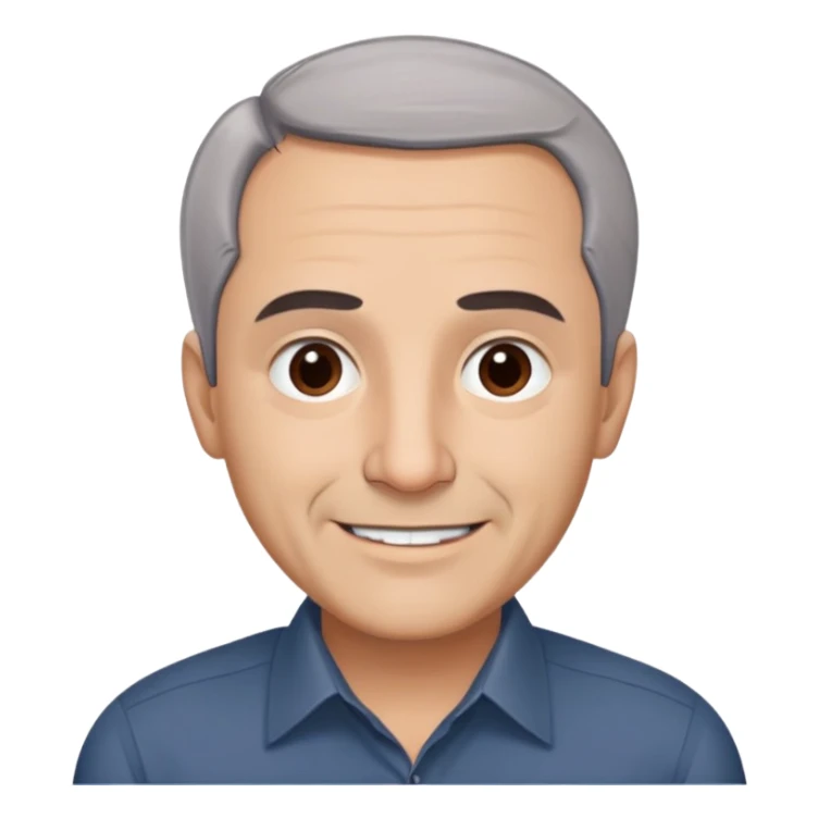 Famous Puerto Rican actor René Monclova with round face, wide jaw, light complexion. Expressive brown eyes, thick eyebrows. Short gray hair with visible receding hairline. Friendly smile. Wearing a dark formal shirt. sticker