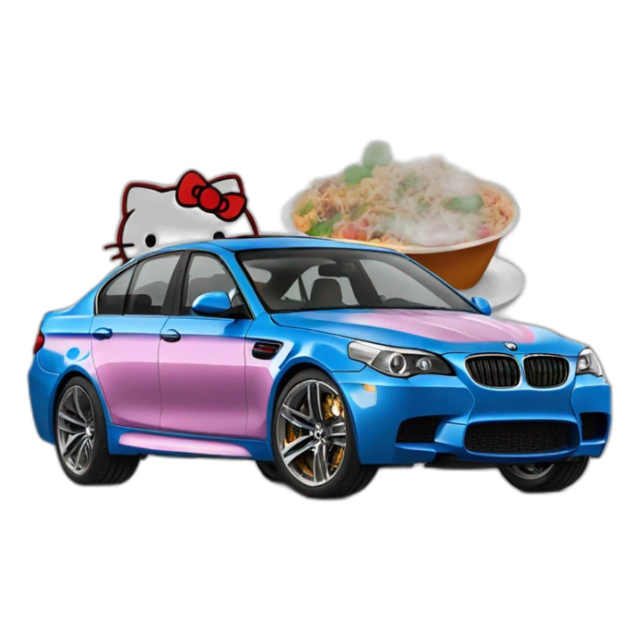 hello kitty in a bmw m5 with turkish food sticker