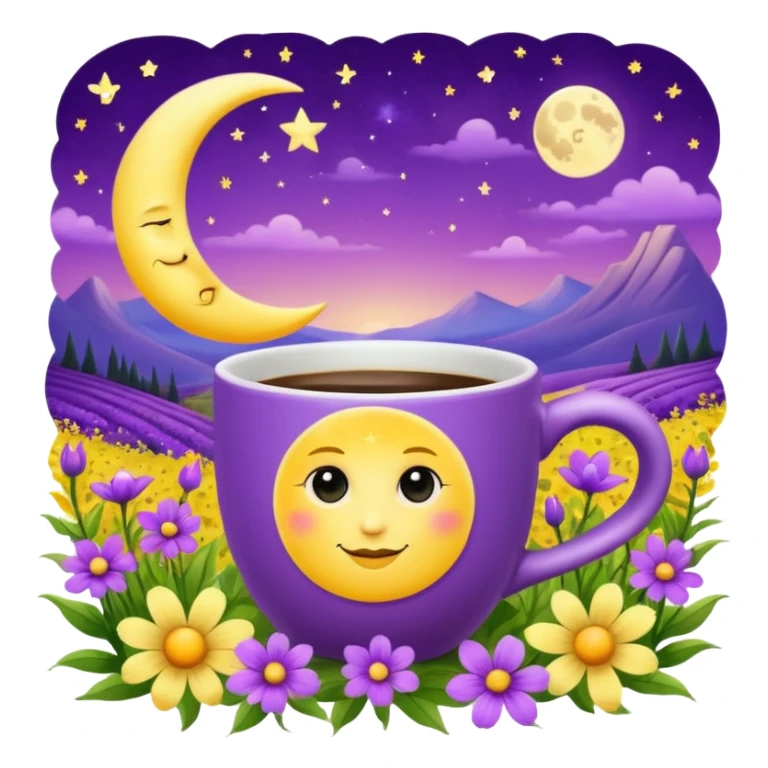 Coffee cup positioned with handle on the left, coffee cup with the moon on the coffee cup, in a field of beautiful mystical purple and yellow celestial flowers  sticker