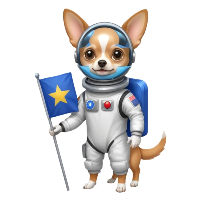 a chihuahua in space suit, holding blue rectangle flag, full body, front view sticker