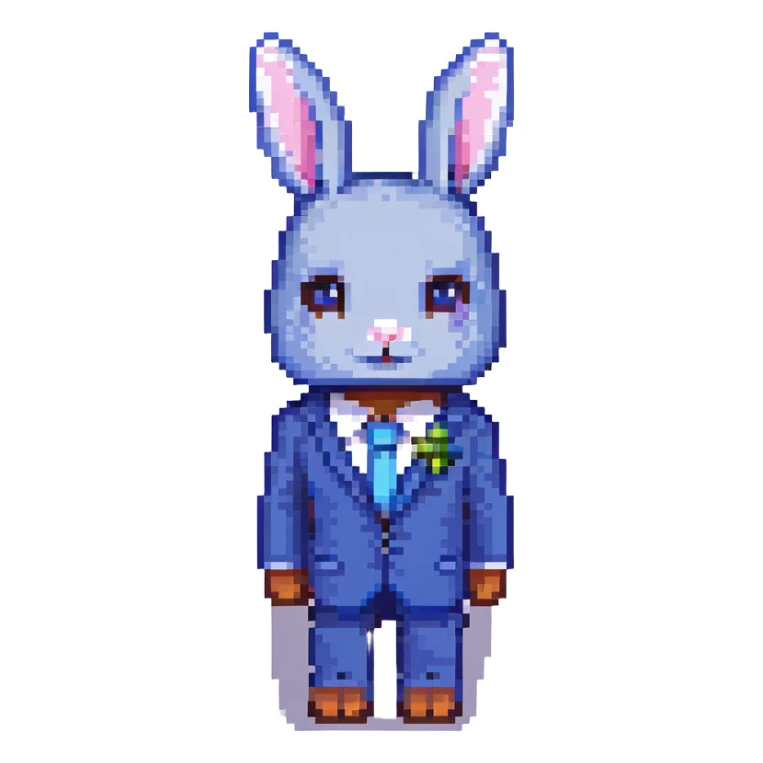 Create a new character in a blue bunny suit, matching the style and proportions of the previously isolated red and pink bunny suit characters. The style is cute, small, Minecraft cartoon style with a transparent background. sticker