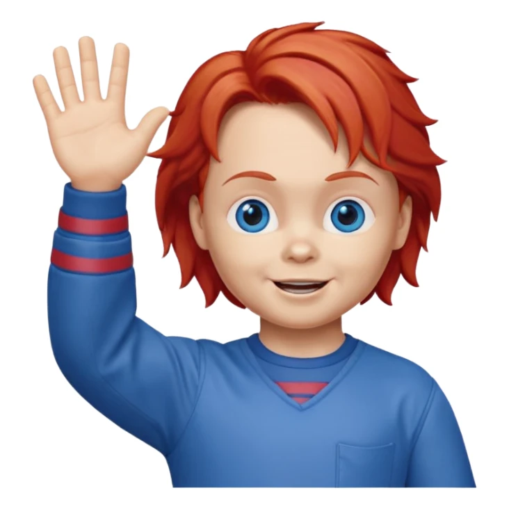 Can you create an emote for me referencing the Chucky character, with a happy and cute expression, that's waving sticker