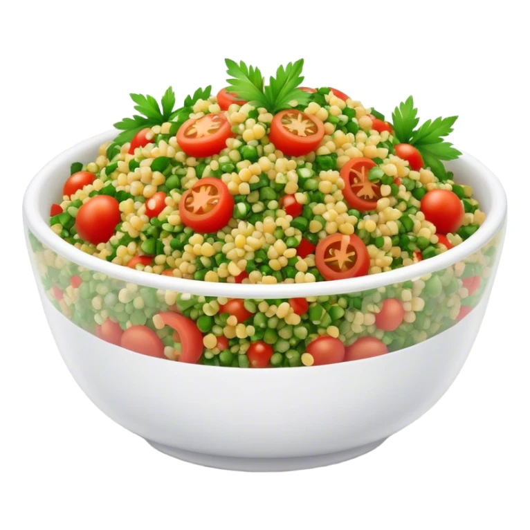 Cinematic Realistic Tabbouleh Salad Dish Emoji, showcasing a fresh herbaceous salad with bulgur, tomatoes, and parsley rendered with crisp textures and natural, vibrant lighting. sticker