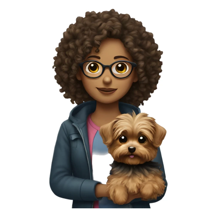 Curly haired girl with glasses holding a yorkie sticker