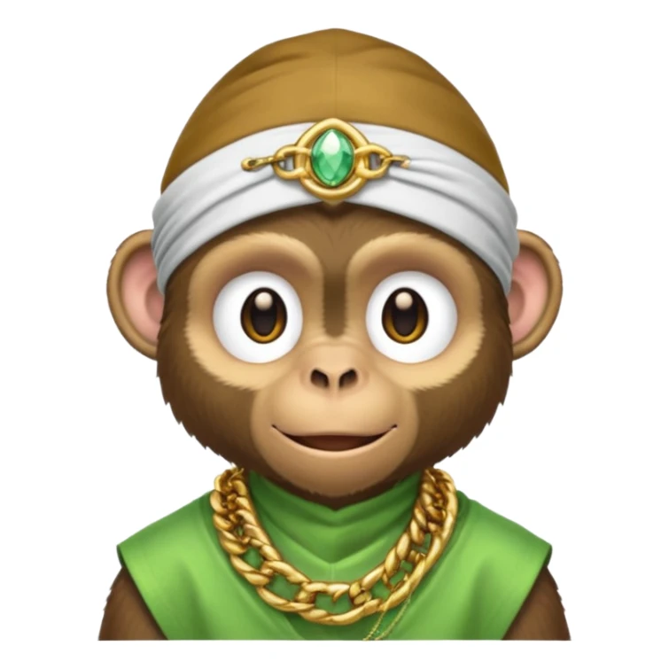Dark monkey with a dew rag and gold chain and grill sticker