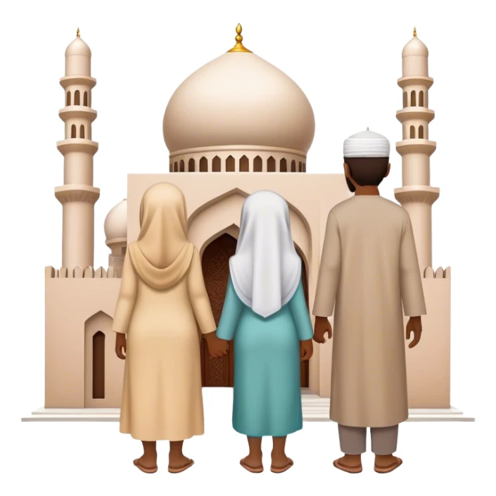 A view from behind of a family of four entering a simple mosque. sticker