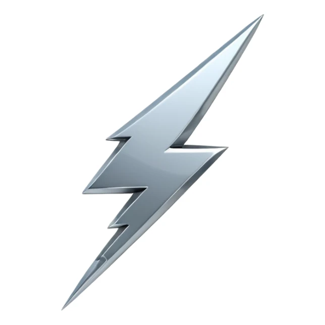 A lightning bolt emoji made of polished silver chrome, sharp yet rounded edges, glossy metallic surface, soft reflections, minimal futuristic design, iOS emoji style, centered, clean white background sticker
