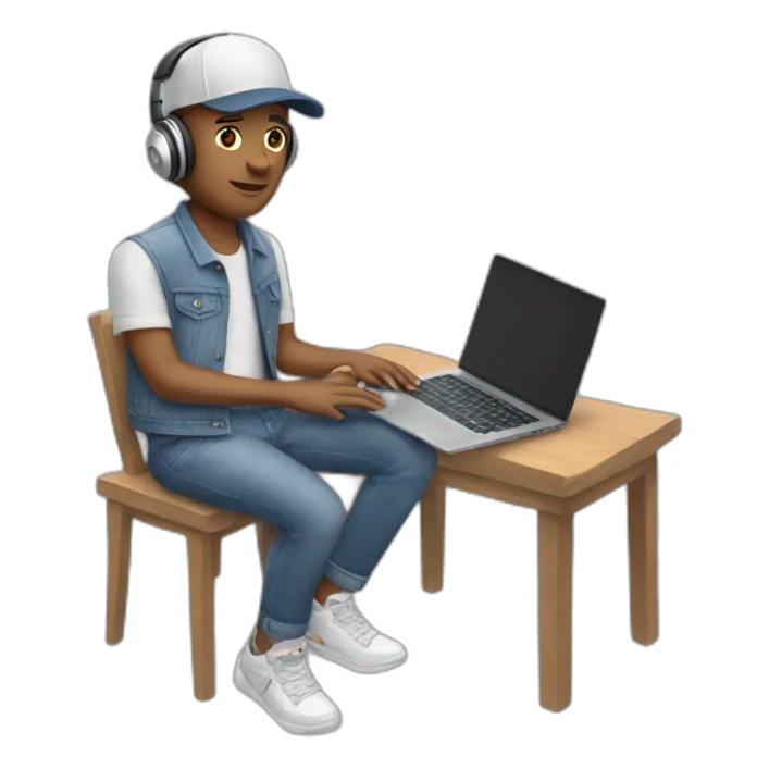 white man with headphones, denim shorts and a cap using a laptop sticker