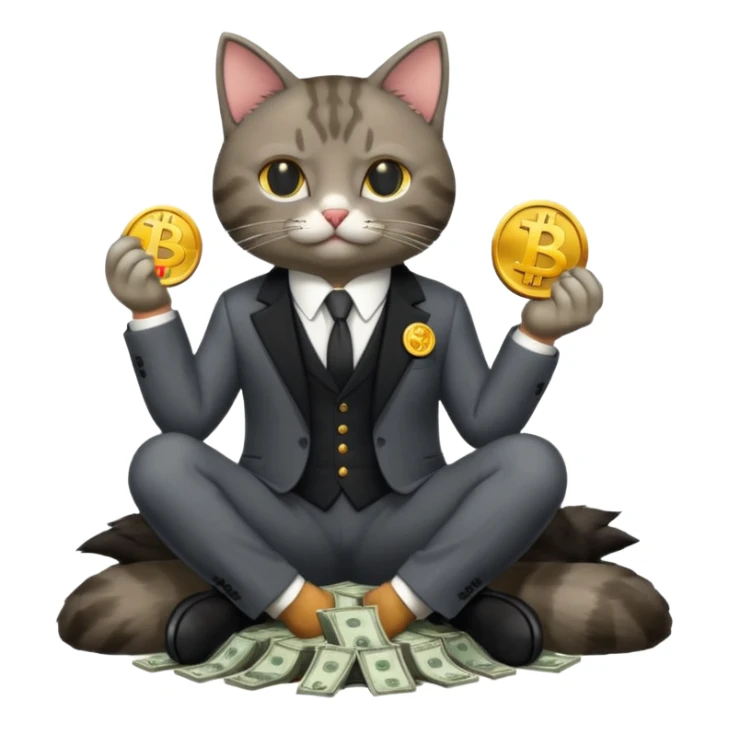 cat mafia corleone sitting on money, bitcoin BTC on hand sticker