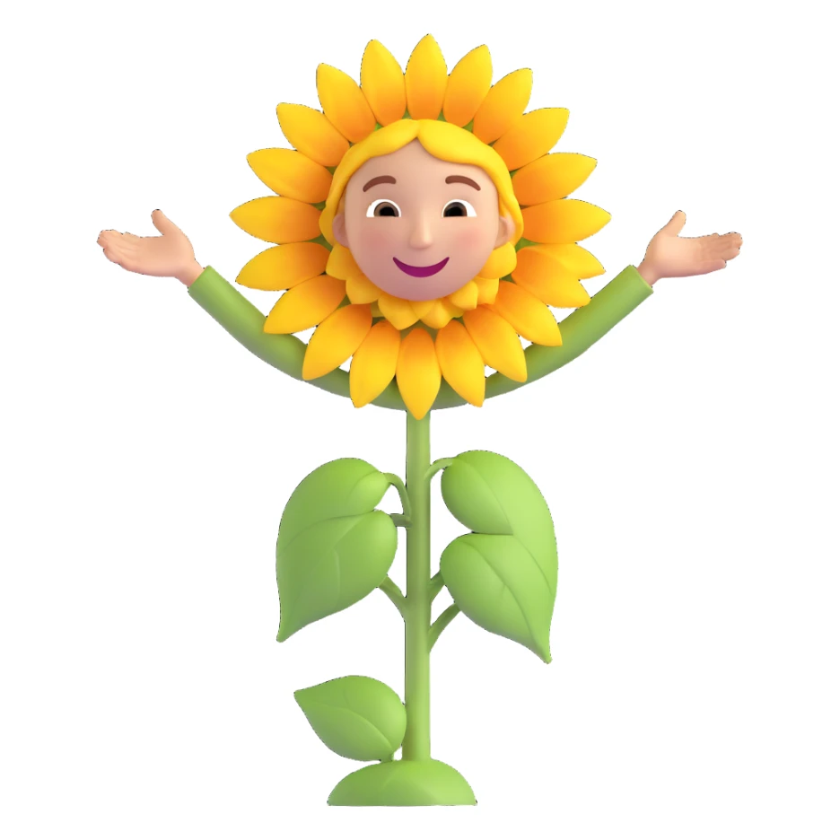 Big smile with open arms and sunflower petals as hair sticker