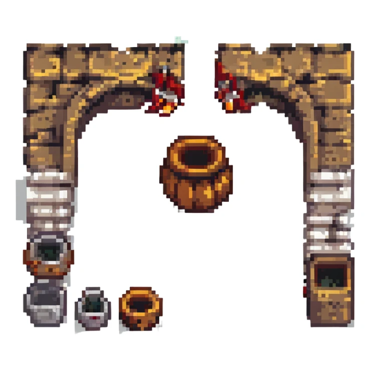 A pixel art style game scene featuring a treasure chest in a dungeon. sticker