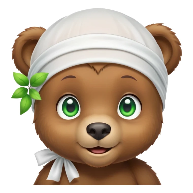 Playful brown bear cub in a white silk durag with a slight smile and bright green eyes, iOS emoji style sticker